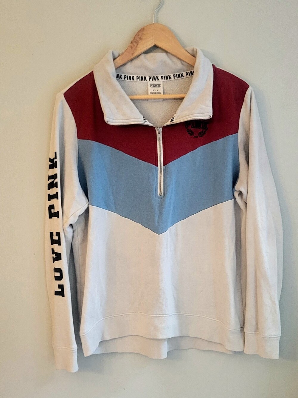 PINK Victoria's Secret Cream, Blue & Maroon Chevron Half-Zip Pullover